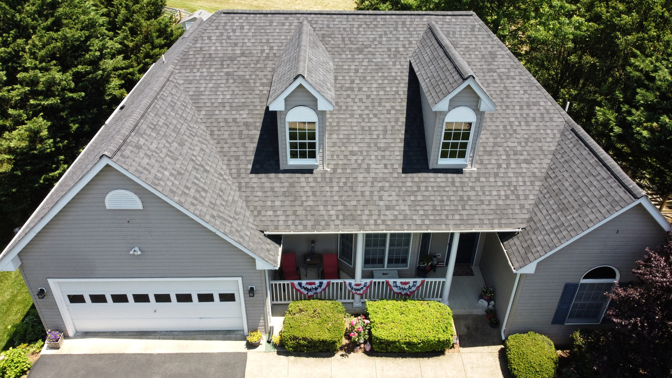 high quality GAF certified roof replacement and repair by PD homes, private home roof drone image of rooftop